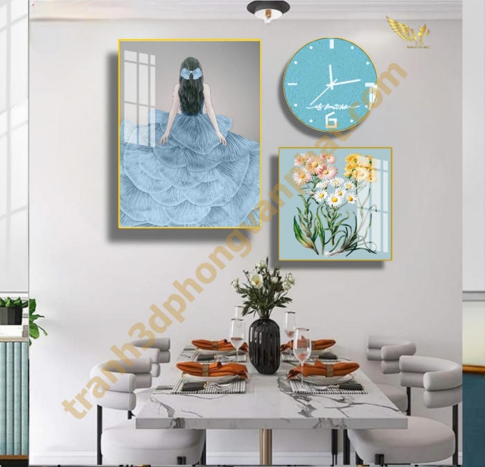 Đồng hồ treo tường, tranh  kết hợp đồng hồ tráng gương, combo3 tranh kết hợp đồng hồ (1)