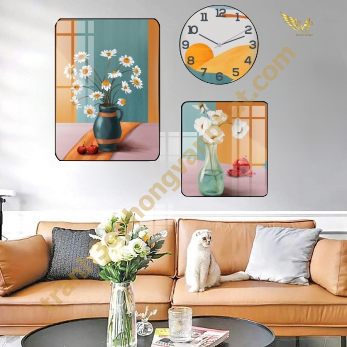 Đồng hồ treo tường, tranh  kết hợp đồng hồ tráng gương, combo3 tranh kết hợp đồng hồ (1)