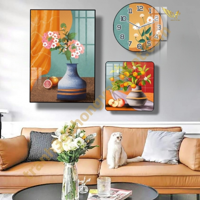 Đồng hồ treo tường, tranh  kết hợp đồng hồ tráng gương, combo3 tranh kết hợp đồng hồ (1)