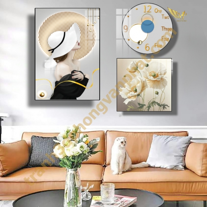 Đồng hồ treo tường, tranh  kết hợp đồng hồ tráng gương, combo3 tranh kết hợp đồng hồ (1)