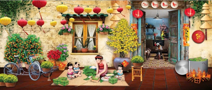 Trang trí Phông nền ngày tết và Backgroup cho sân khấu tiệc tất niên